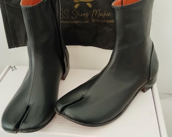 Handmade Black Leather Tabi Boots: Japanese-Inspired Split Toe Ankle Boots