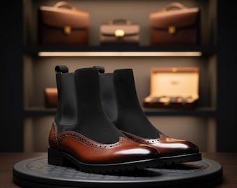Handmade Two-Tone Leather Chelsea Boots: Brogue Suede Ankle Boots