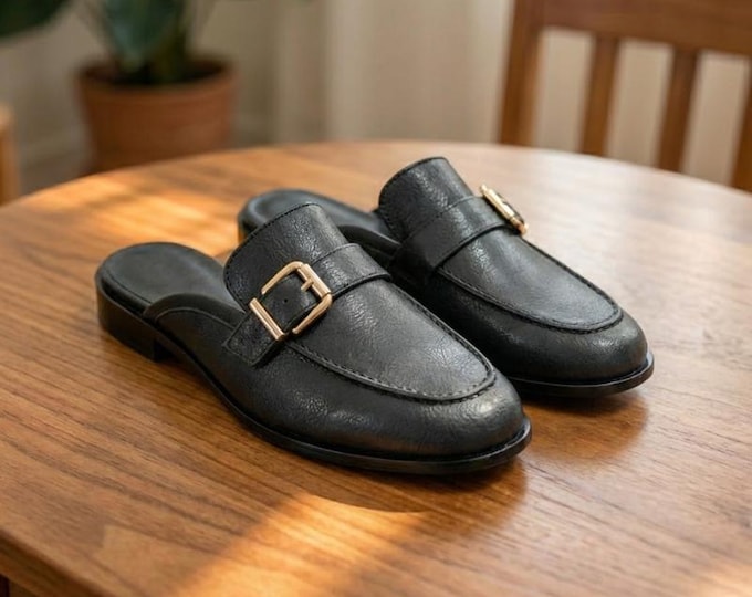 Men's Black Leather Mules – Handmade Horsebit Slip-On Loafers, Designer Slides