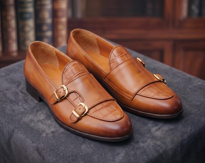 Handmade Tan Leather Double Monk Strap Shoes – Men's Formal Dress Footwear