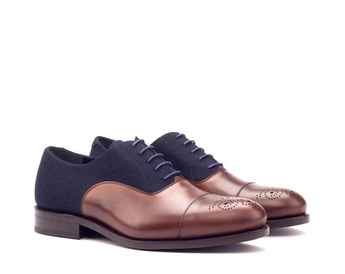 Two-Tone Leather & Suede Oxford Shoes for Men | Handmade Navy and Brown Cap Toe Brogues | Elegant Formal Lace-Up Shoes