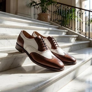 Handmade Two-Tone Leather Oxford Shoes – Wingtip Brogue Dress Shoes
