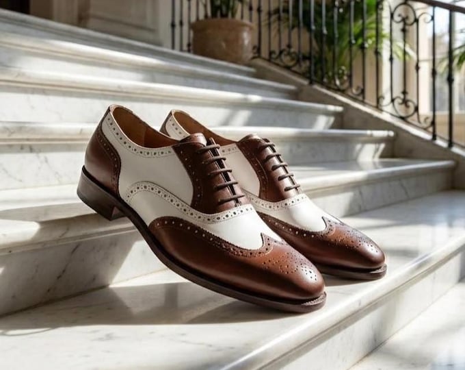 Handmade Two-Tone Leather Oxford Shoes – Wingtip Brogue Dress Shoes