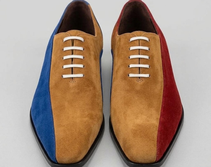Men’s Two Tone Suede Oxford Shoes, Handmade Burgundy Blue Tan Dress Shoes, Custom Color Leather Lace Up Formal Footwear for Men