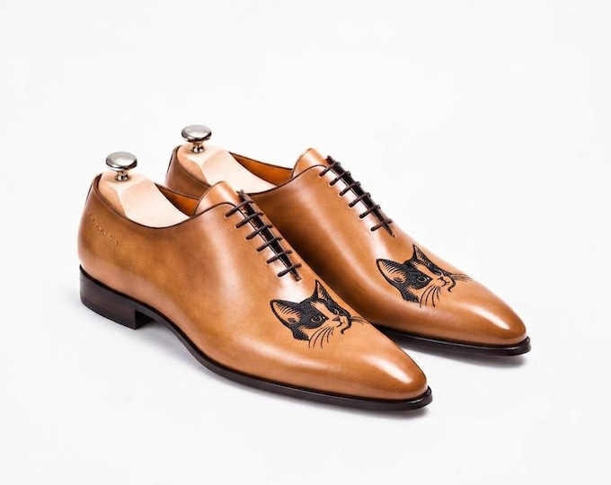 Handmade Leather Oxford Shoes, Men’s Brown Dress Shoes, Cat Design Shoes, Custom Leather Shoes, Lace Up Formal Shoes, Unique Gift
