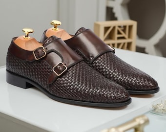 Handmade Woven Leather Double Monk Strap Shoes Brown Italian Style Dress Shoes for Men | Formal & Wedding Footwear Handcrafted Luxury Shoes