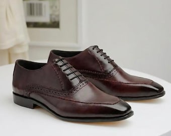Handmade Burgundy Leather Oxford Dress Shoes: Brogue Wedding Footwear