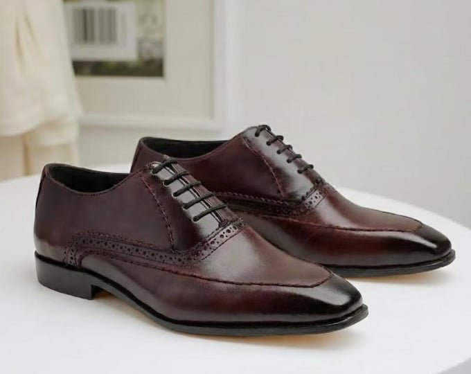 Handmade Burgundy Leather Oxford Dress Shoes: Brogue Wedding Footwear