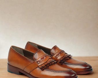 Handmade Tan Leather Kiltie Loafers: Vintage Braided Strap Dress Shoes