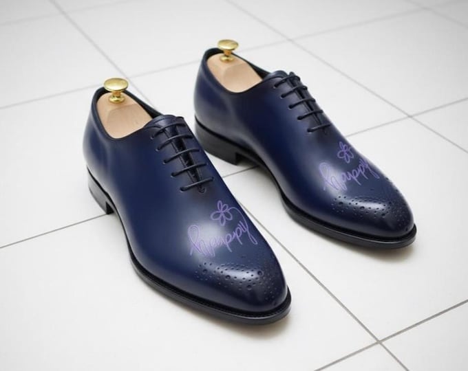 Handmade Navy Blue Leather Oxford Shoes: 'Happy' Embroidery, Custom Wedding Shoes
