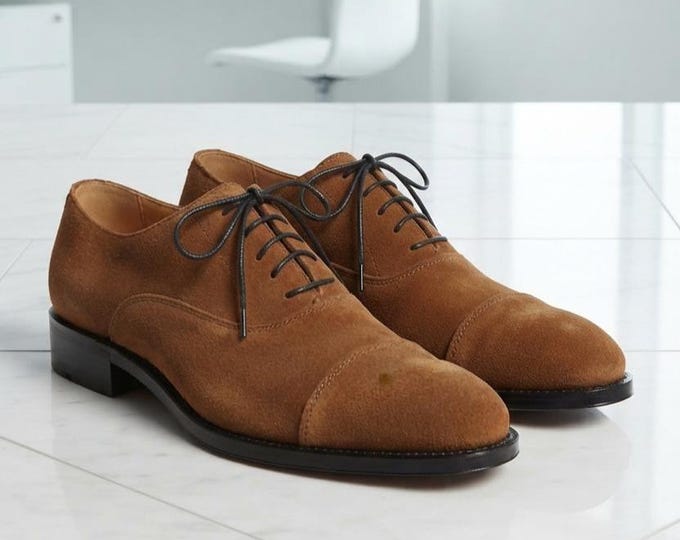 Handmade Brown Suede Cap-Toe Oxford Shoes - Men's Luxury Dress Shoes, Goodyear Welted Leather Sole, Custom Wedding & Formal Footwear