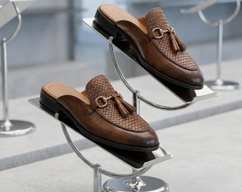 Men's Brown Crocodile Leather Mule Loafers – Tassel Buckle Slip-On Dress Shoes