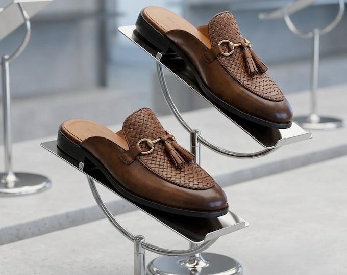 Men's Brown Crocodile Leather Mule Loafers – Tassel Buckle Slip-On Dress Shoes