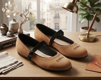 Personalized Tan Suede Mary Jane Shoes | Custom Embroidered Name Flats | Classic Buckle Strap Office & Casual Shoes | Gift for Her
