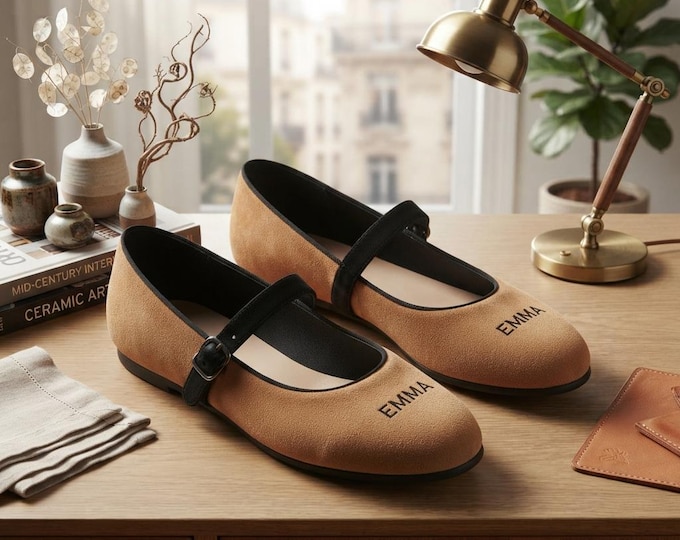 Personalized Tan Suede Mary Jane Flats | Custom Embroidered Name, Black Buckle Strap