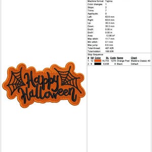 May include: An orange and black embroidered patch with the words "Happy Halloween" and spiderwebs. The patch is 5.02 inches wide and 2.78 inches high, perfect for adding a festive touch to clothing or accessories.