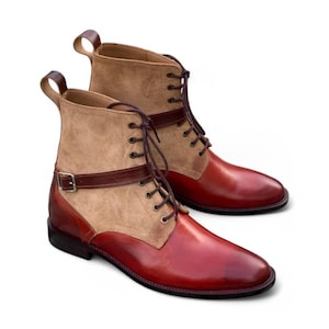 Handmade Two-Tone Leather & Suede Boots: Burgundy Cap Toe Ankle Boots