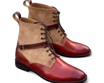 Handmade Two-Tone Leather & Suede Boots: Burgundy Cap Toe Ankle Boots