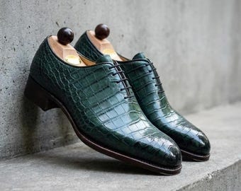 Handmade Crocodile Leather Oxford Shoes: Emerald Green Exotic Dress Shoes