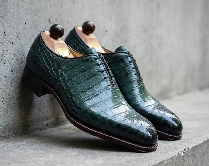 Handmade Crocodile Leather Oxford Shoes: Emerald Green Exotic Dress Shoes