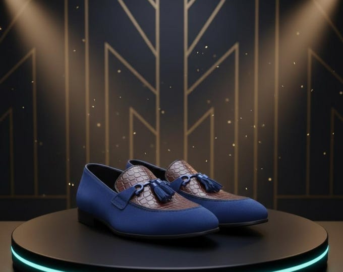 Handmade Blue Suede Leather Loafers: Crocodile Pattern Tassel Dress Shoes