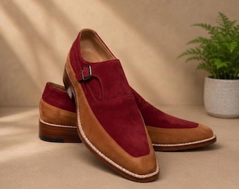Red Brown Leather Monk Strap Shoes, Handmade Suede Dress Shoes, Two Tone Formal Shoes, Burgundy Mens Shoes, Custom Leather Footwear