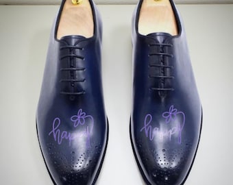 Handmade Leather Shoes with Happy Embroidery – Custom Navy Blue Oxford Shoes – Unique Wedding Shoes for Men – Personalized Dress Shoes