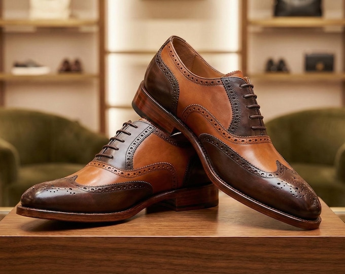 Handmade Two-Tone Leather Wingtip Oxford Shoes, Brogue Dress Shoes