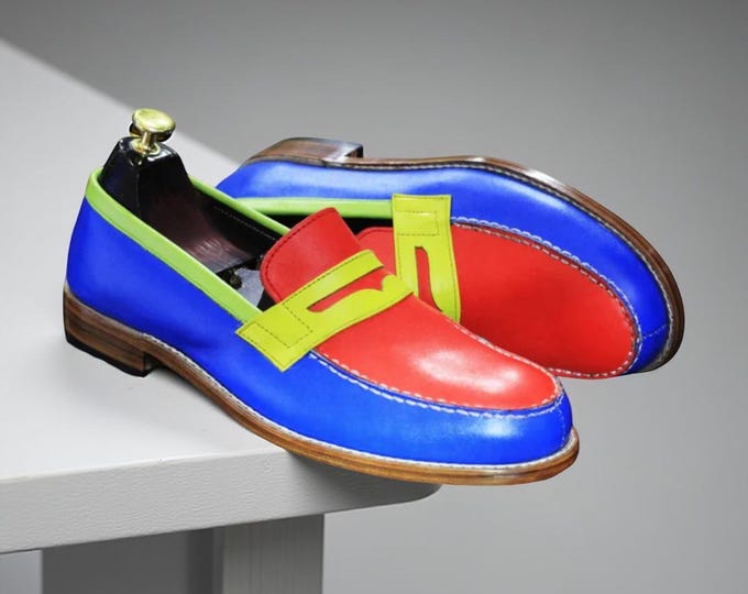 Color Block Leather Loafers: Handmade Unisex Penny Moccasins