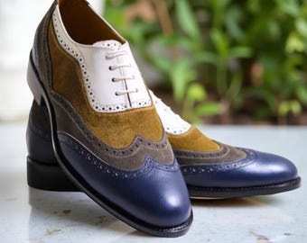 Handmade Multicolor Leather Brogues: Men's Wingtip Oxford Dress Shoes