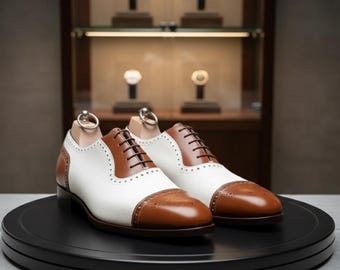 Handmade Two-Tone Oxford Shoes: Brown & White Leather Brogues