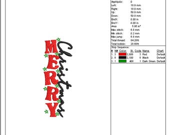 Vertical Merry Christmas Embroidery Design – Machine Embroidery File | Holiday Stitch Pattern