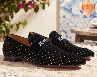 Black Velvet Loafers, Rhinestone Slip On Dress Shoes for Men