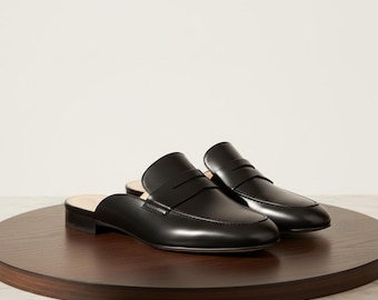 Handmade Black Leather Mules, Men's Italian Loafers