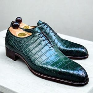 Handmade Crocodile Leather Oxford Shoes: Emerald Green Exotic Dress Shoes