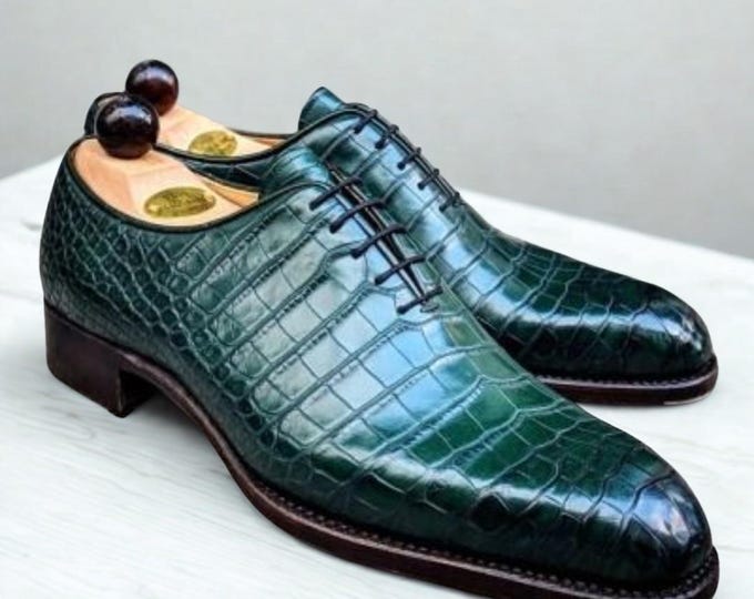 Handmade Green Crocodile Leather Oxford Shoes | Luxury Men’s Dress Shoes | Custom Formal Exotic Skin Shoes | SS Shoemaker