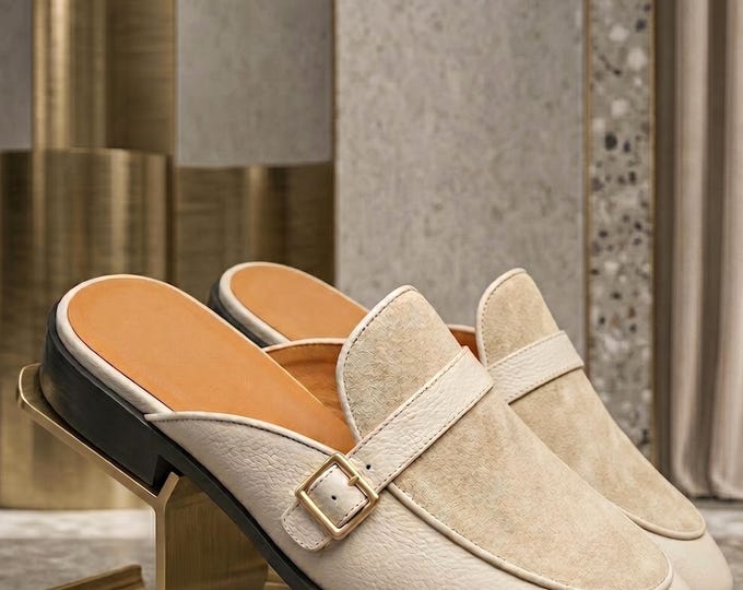 Handmade Beige Suede Loafers for Men – Luxury Backless Mule Shoes – Slip On Leather Loafers