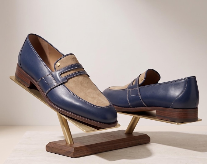 Handmade Navy Blue Leather Suede Penny Loafers – Men's Slip On Dress Shoes