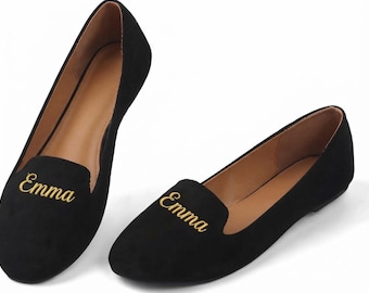 Gepersonaliseerde loafers met naam voor dames, zwarte instapschoenen op maat, platte nette schoenen met monogram