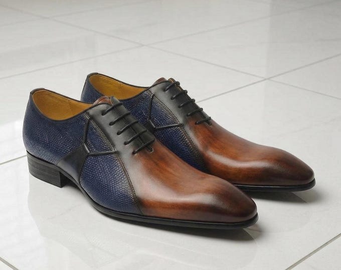 Handmade Two-Tone Leather Oxford Dress Shoes, Brown Blue Formal Lace-Up Men's Footwear