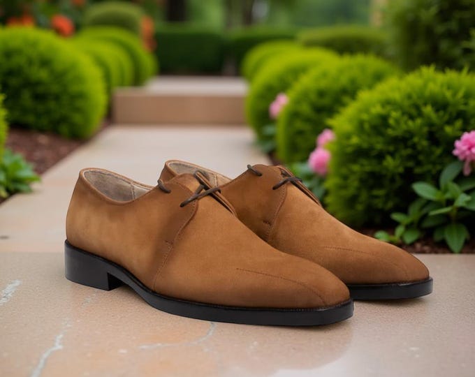 Handcrafted Tan Suede Derby Shoes: Soft Leather Lined - Men's Elegant Style