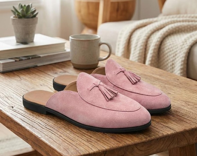Men's Pink Suede Leather Mules – Handmade Horsebit Slip-On Loafers