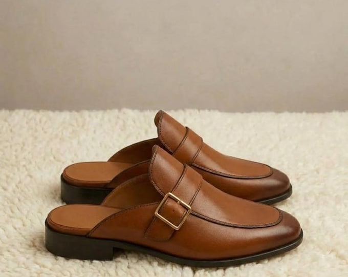 Handmade Brown Leather Mule Loafers Italian Style Buckle Dress Shoes