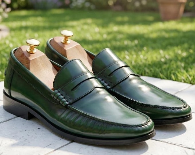 Handmade Burgundy & Green Leather Penny Loafers, Hi-Shine Dress Shoes