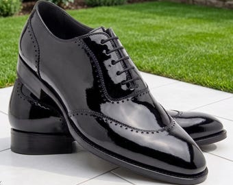 Men's Black Patent Leather Oxford Shoes - Handmade Wingtip Brogues