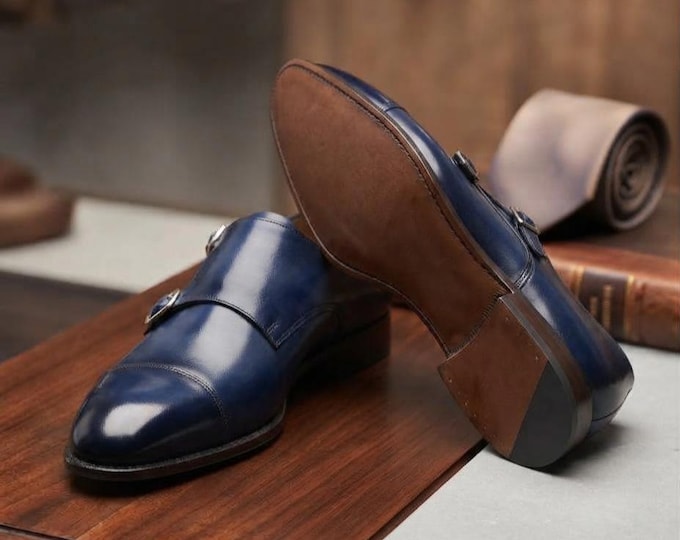 Blue Double Monk Strap Shoes for Men, Handmade Leather Dress Shoes, Navy Blue Cap Toe Oxfords, Luxury Formal Wedding Shoes, Custom Monk Shoe