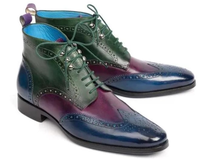 Men's Multicolor Wingtip Brogue Ankle Boots – Handcrafted Leather Dress Boots in Green, Purple & Blue Statement Formal Footwear luxury boots
