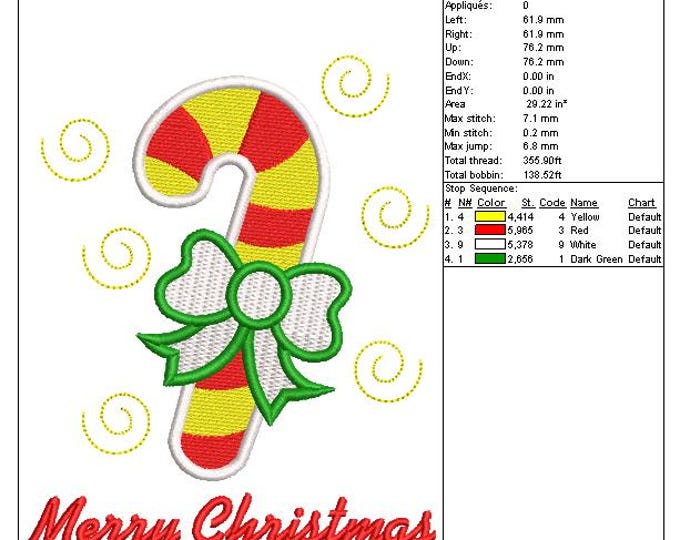 Candy Cane Merry Christmas Embroidery Design | Holiday Bow Machine Embroidery File (DST, PES, EXP)