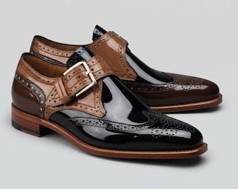 Two Tone Monk Strap Shoes, Handmade Leather Brogues, Black and Brown Patent Shoes, Custom Dress Shoes, Luxury Men Footwear,