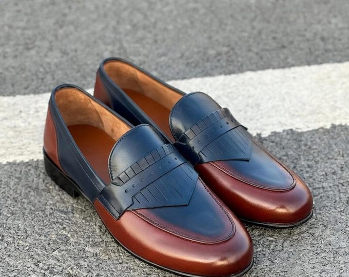 Handcrafted Leather Two-Tone Fringe Loafers, Brown Navy Blue Penny Style Shoes